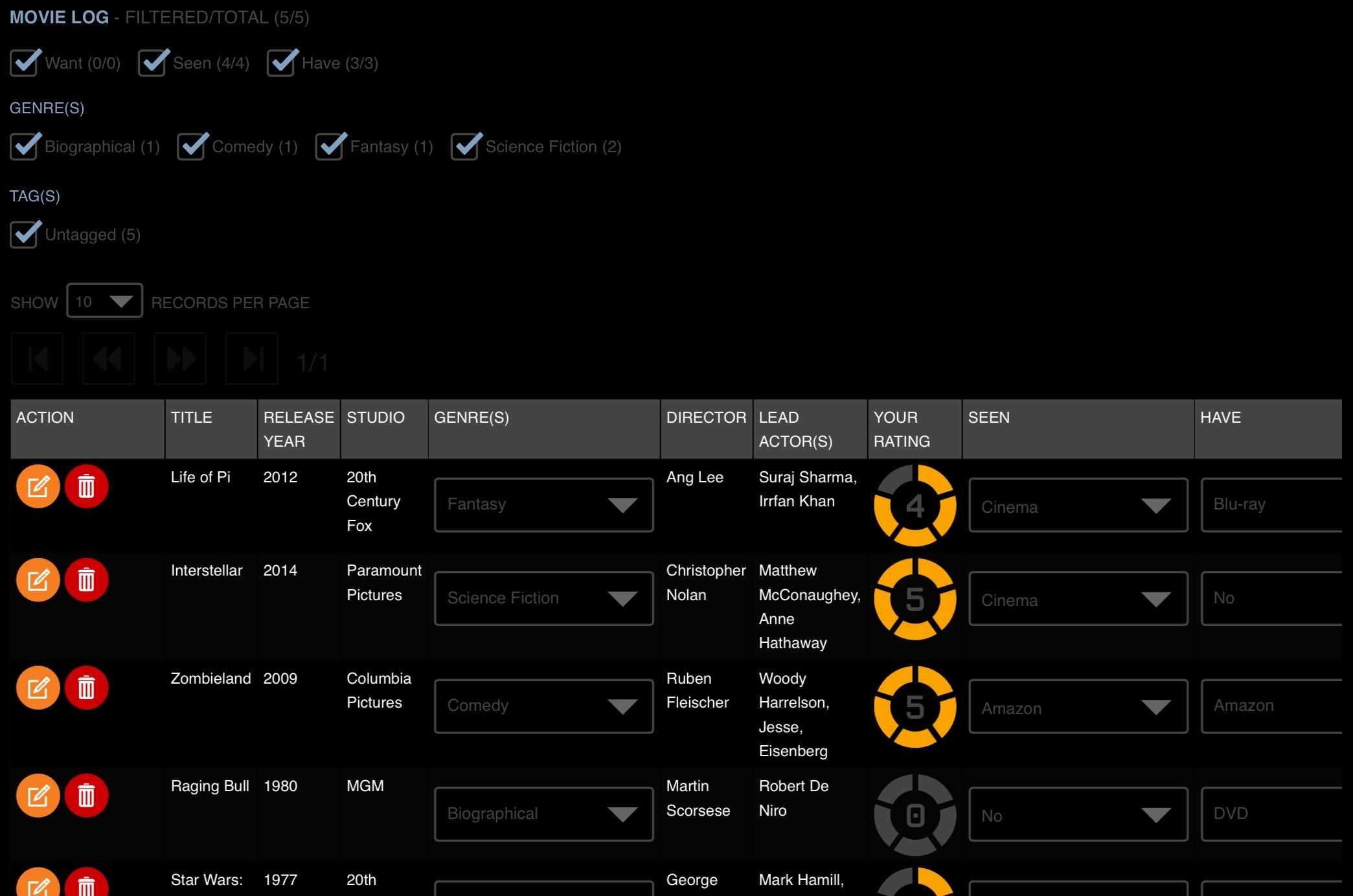 PiCosm Movie Log Table View