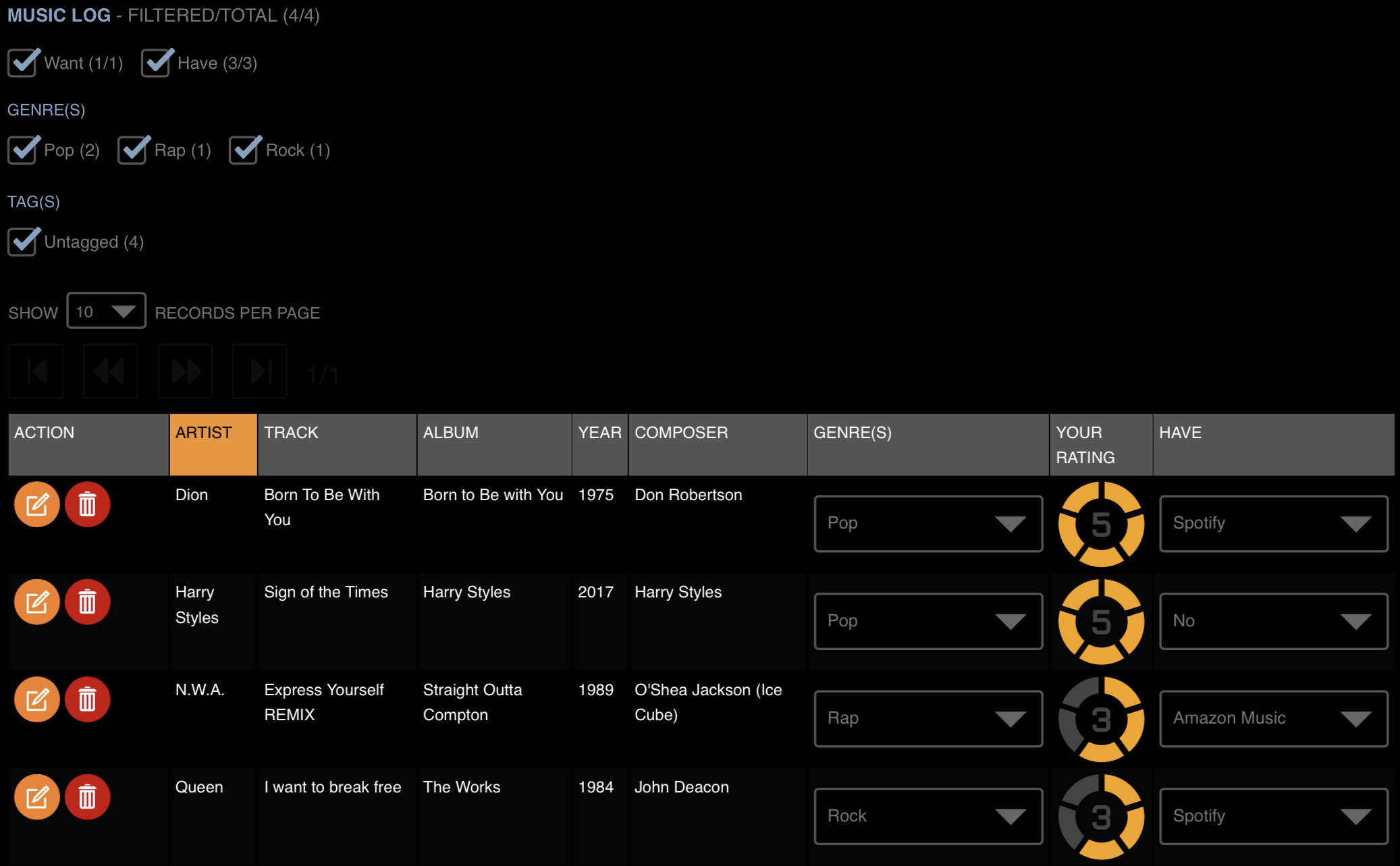 PiCosm Music Log Table View